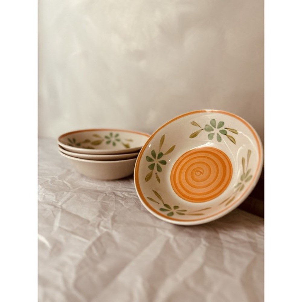 Vtg Gibson Floral Swirl Stoneware Bowls Set 4‎ 7" Orange Green